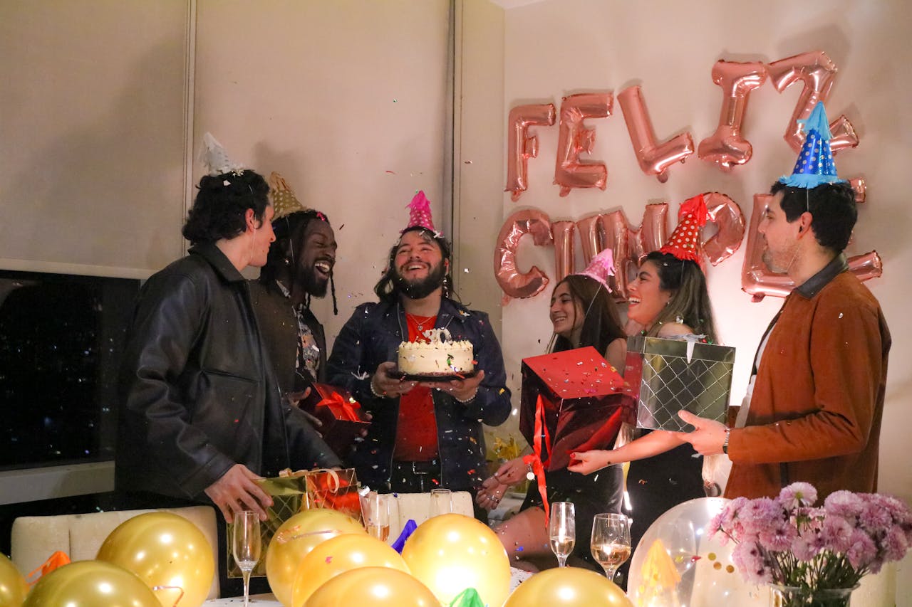 Crafting Captivating Headlines: Your awesome post title goes here Group of friends celebrating a birthday with gifts and cake indoors.